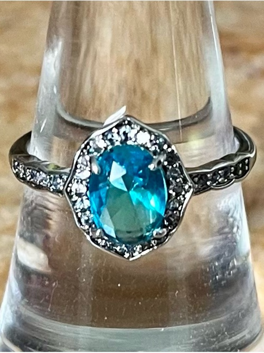 BP RETRO Teal Halo Oval Gemstone Ring in Rhodium Setting